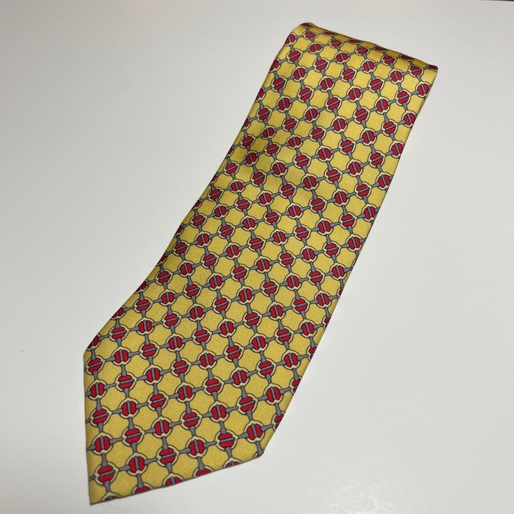 Hermes Luxury Silk Tie Yellow and Red Equestrian Theme